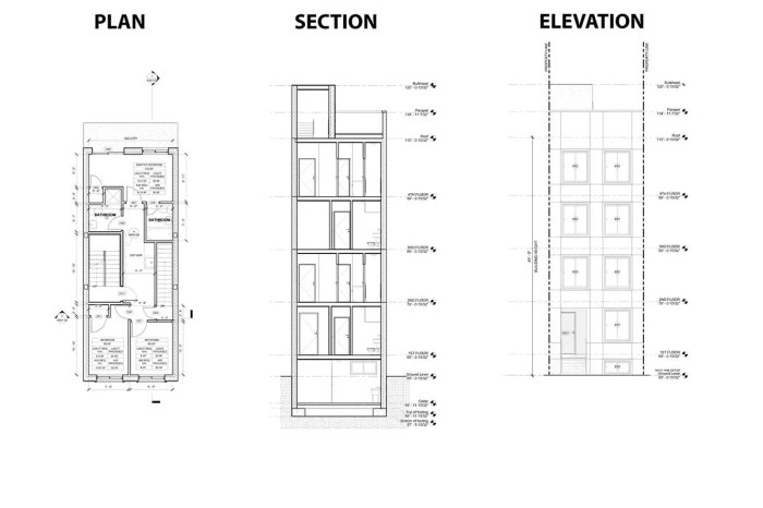 Elevations show the horizontal layout of a building