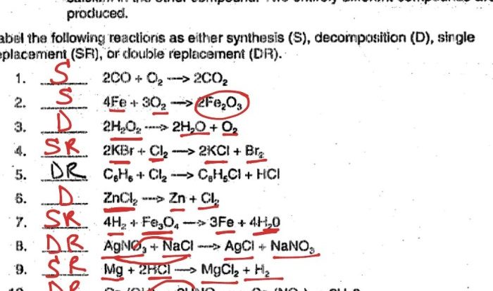 Chapter 7 chemical reactions worksheet answer key