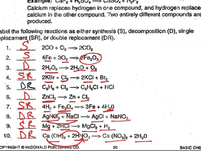 Chapter 7 chemical reactions worksheet answer key